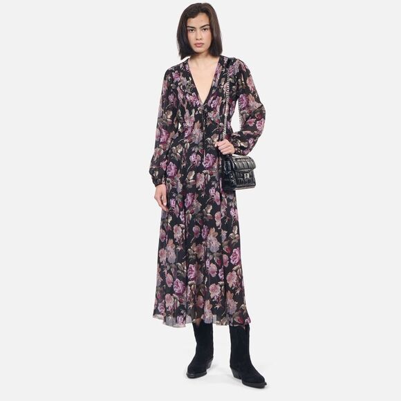 NWT The Kooples BLACK LONG FLORAL PRINT DRESS size 8 women's - Picture 1 of 16
